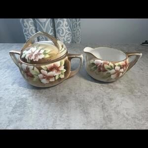 Vintage Hand-painted Burgundy Roses Nippon Cream And Sugar 5"